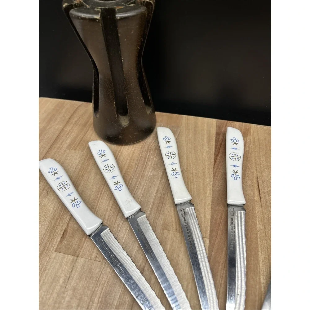 6 Vintage EKCO Vanadium‎ Dutch Tulip Steak Knives USA Hollow Ground Set w Holder